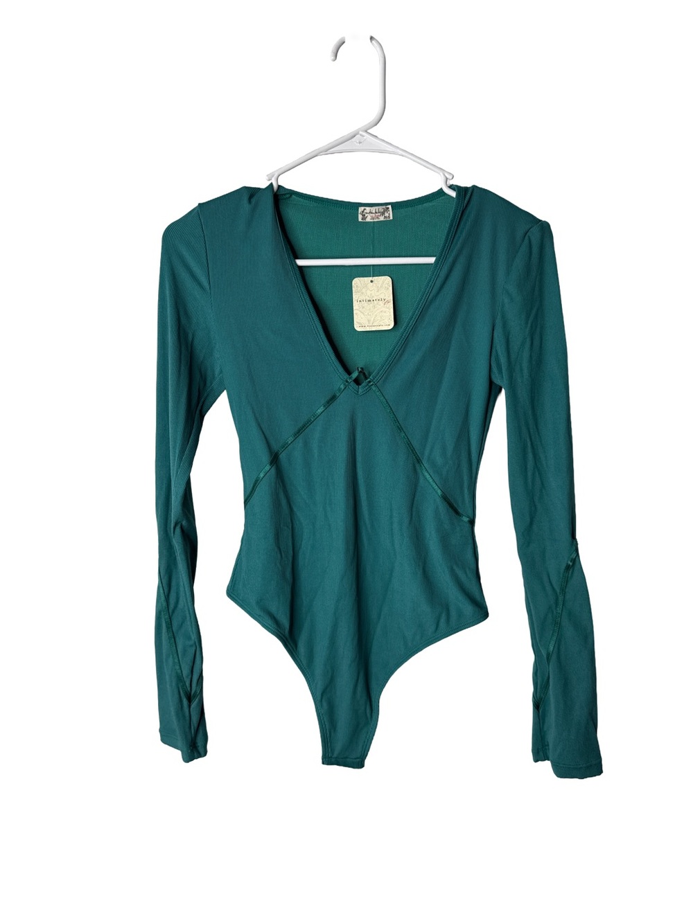 INTIMATELY FREE PEOPLE NWT Bayou Blue Deep V Long Sleeve Ribbed Bodysuit Women’s